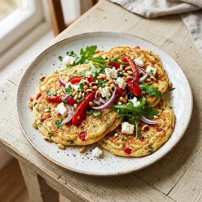 Feta, Roasted Red Pepper and Pine Nut Pancakes