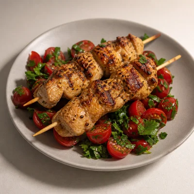 Lemony Chicken Kebabs with Tomato-Parsley Salad