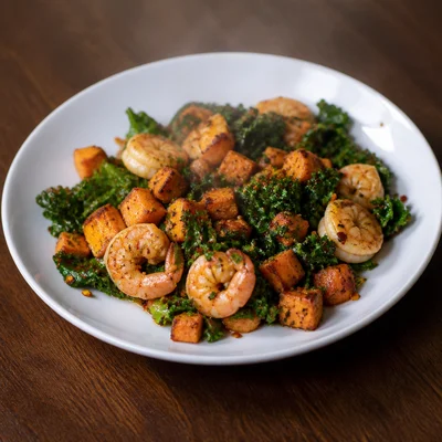 Sweet Potato, Kale, and Prawn Frying Pan